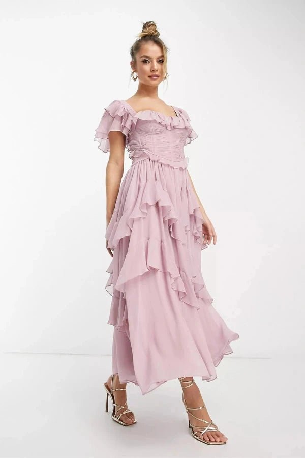 women's off shoulder midi dress with tiered ruffles