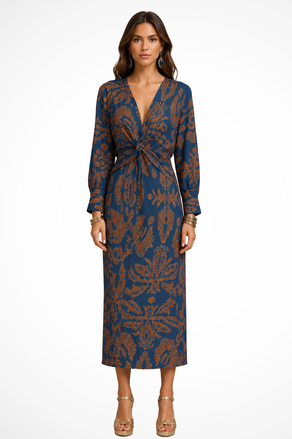 Women's blue printed twist front v-neck midi dress