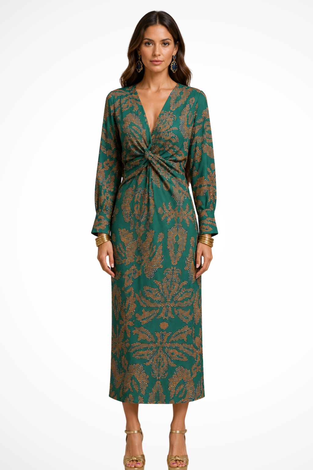 Women's green printed twist front v-neck midi dress