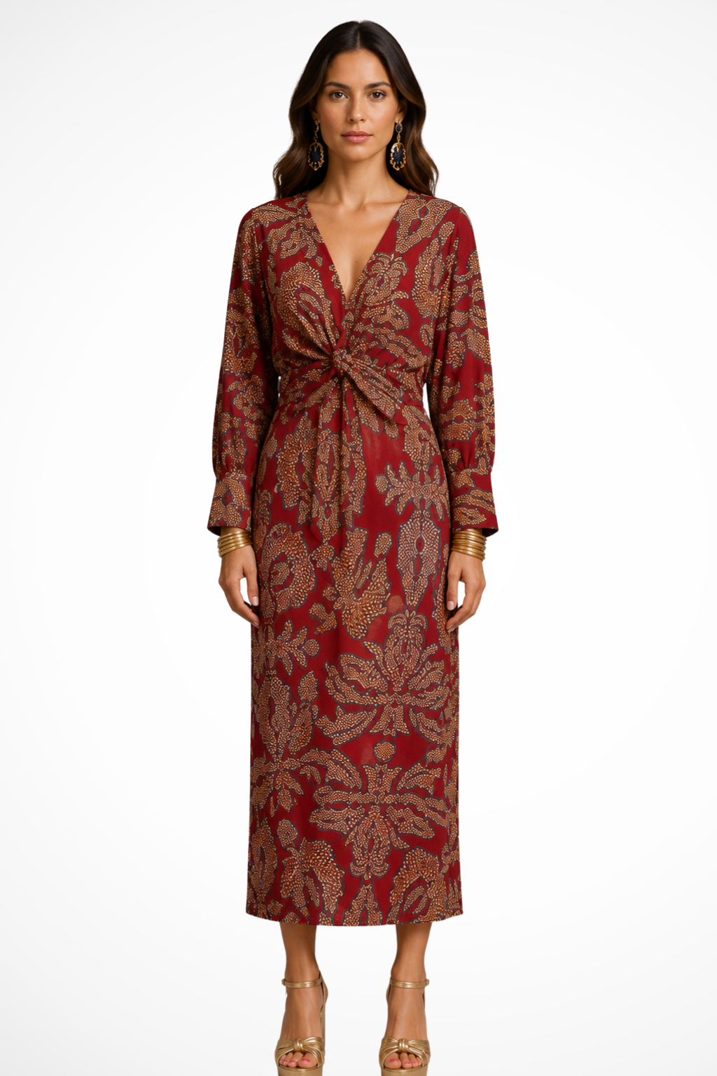 Women's red printed twist front v-neck midi dress