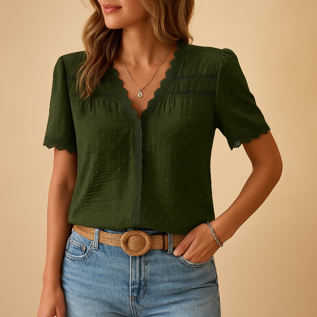 Women's khaki lace trim blouse with V-neck and short sleeves