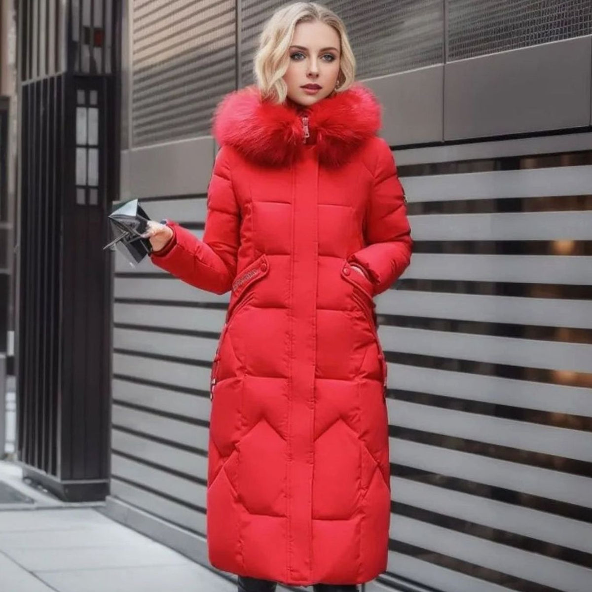 Red quilted parka coat with faux fur hood trim, cosy for women