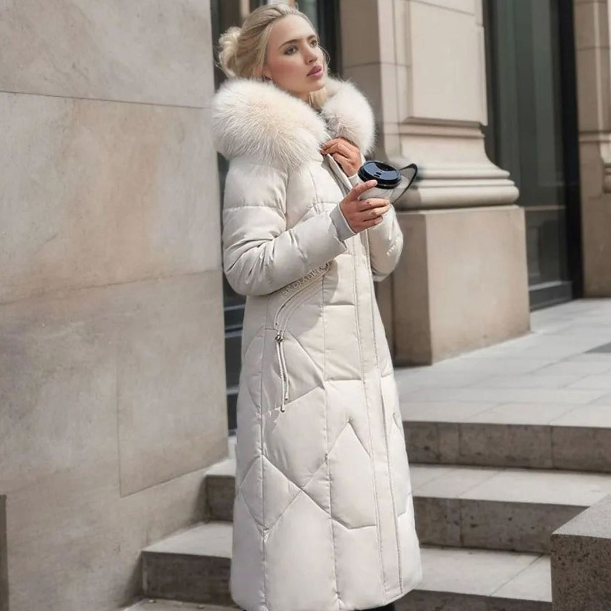White quilted parka coat with faux fur hood trim, cosy for women