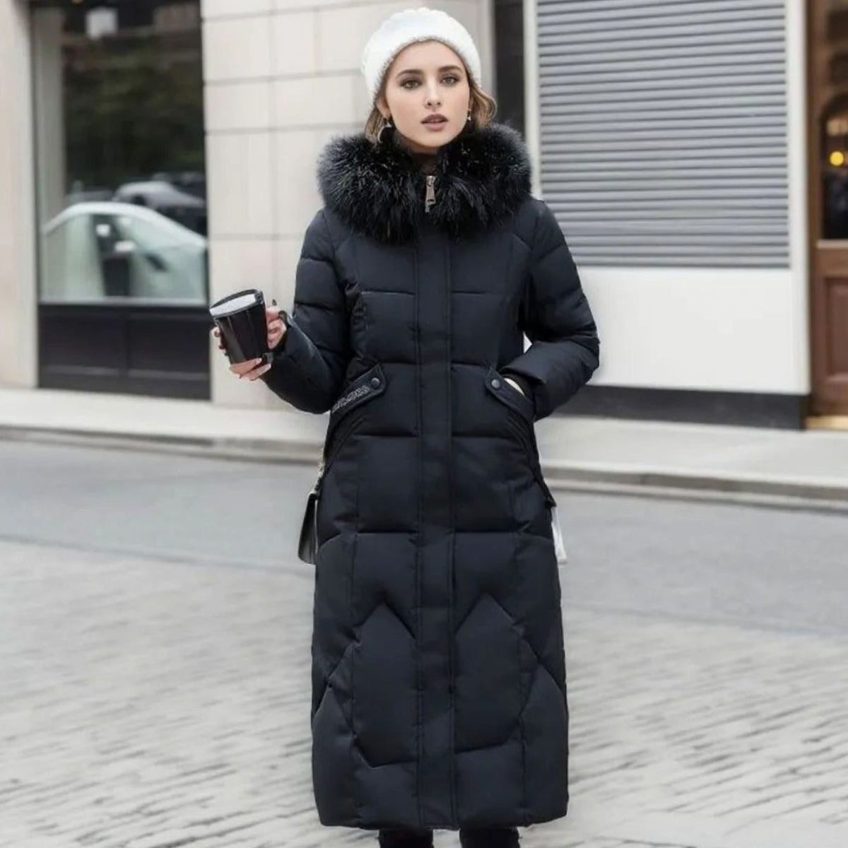 Black quilted parka coat with faux fur hood trim, cosy for women