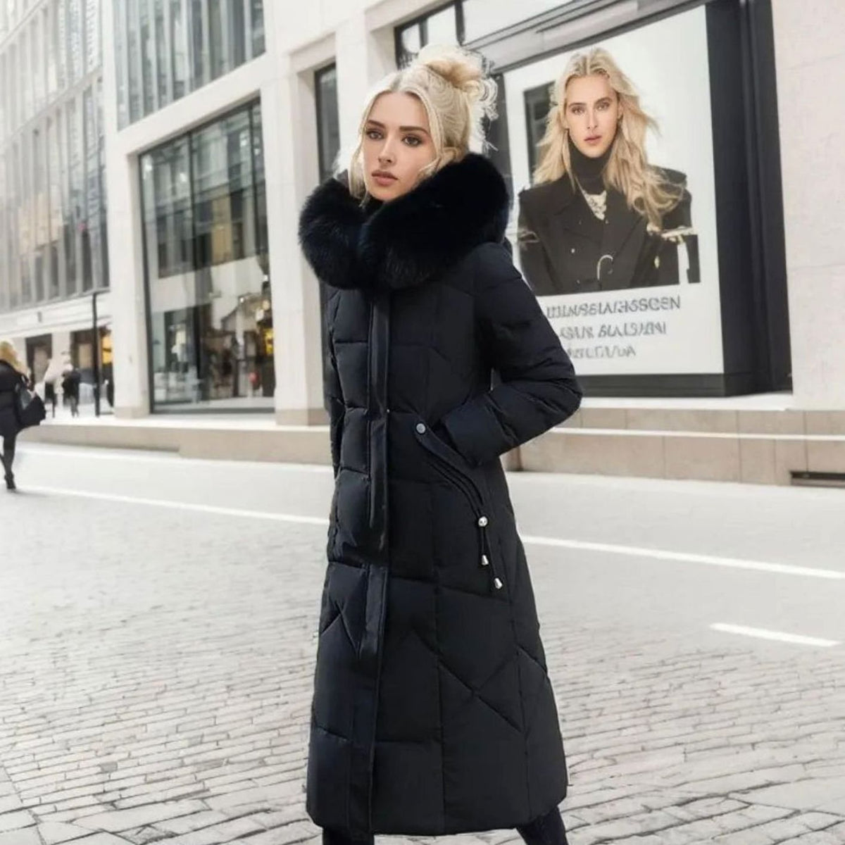 Black quilted parka coat with faux fur hood trim, cosy for women