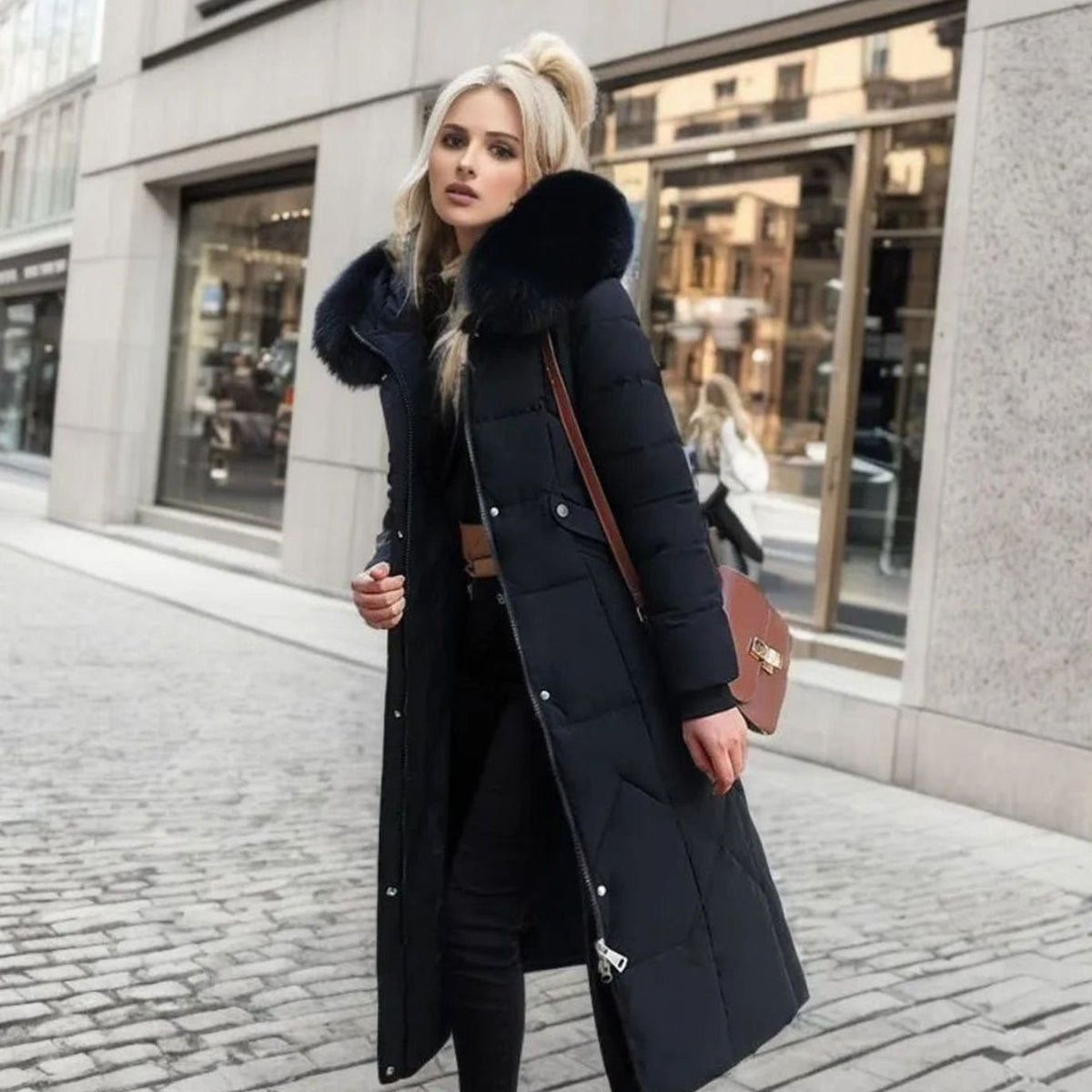 Black quilted parka coat with faux fur hood trim, cosy for women