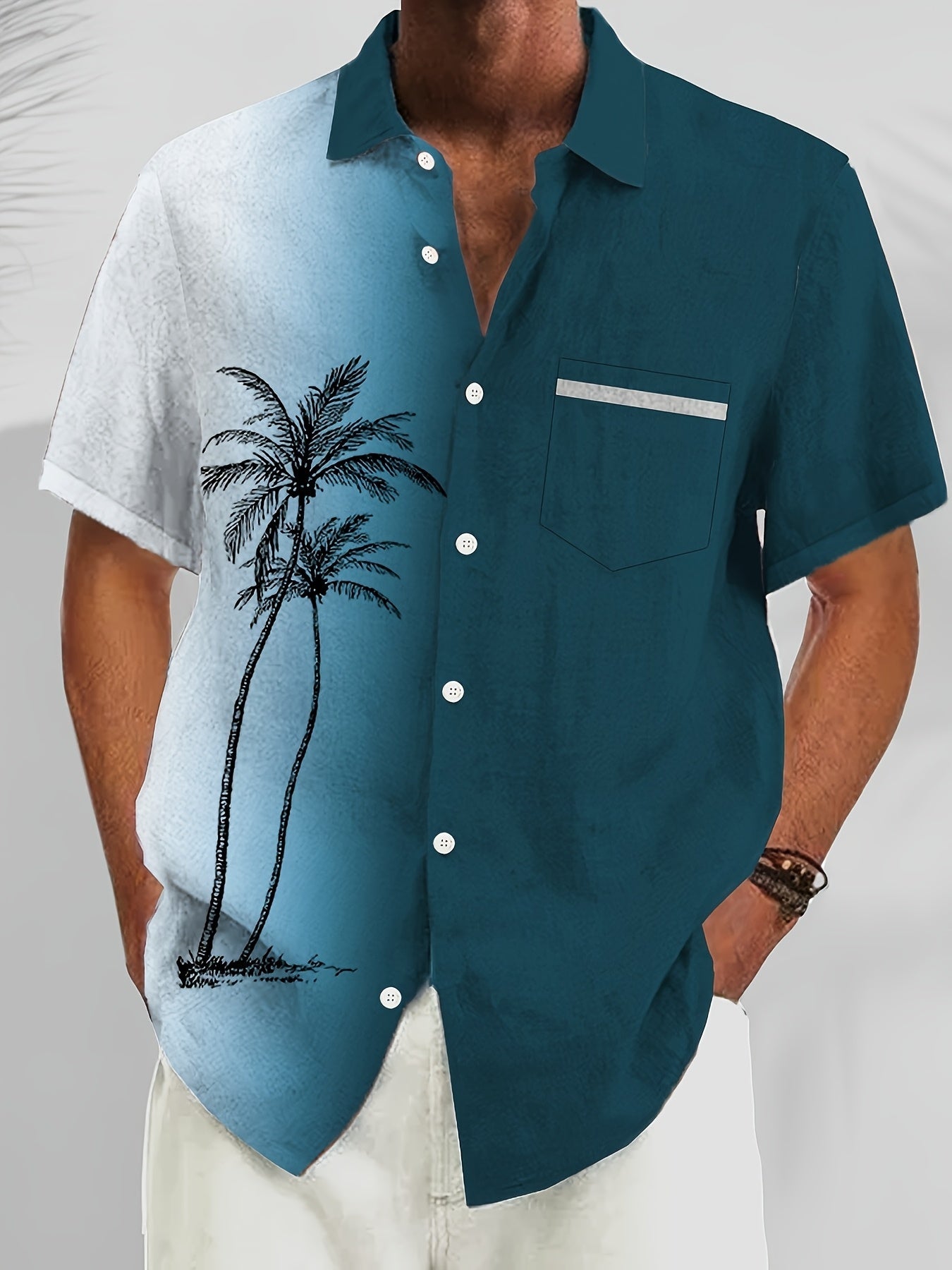 Men's blue tropical print short-sleeve resort shirt