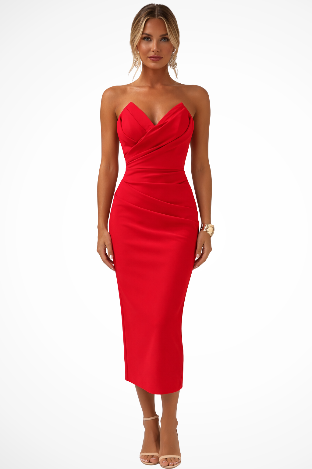 Women's strapless sweetheart ruched midi dress