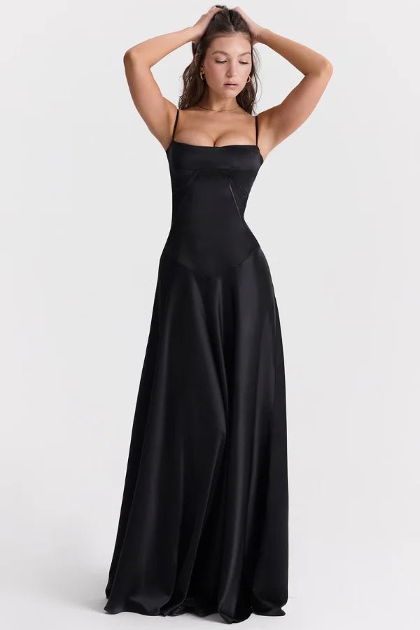 Women's black satin corset maxi dress with spaghetti straps