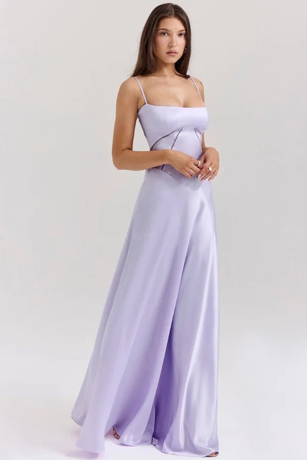 Women's purple satin corset maxi dress with spaghetti straps