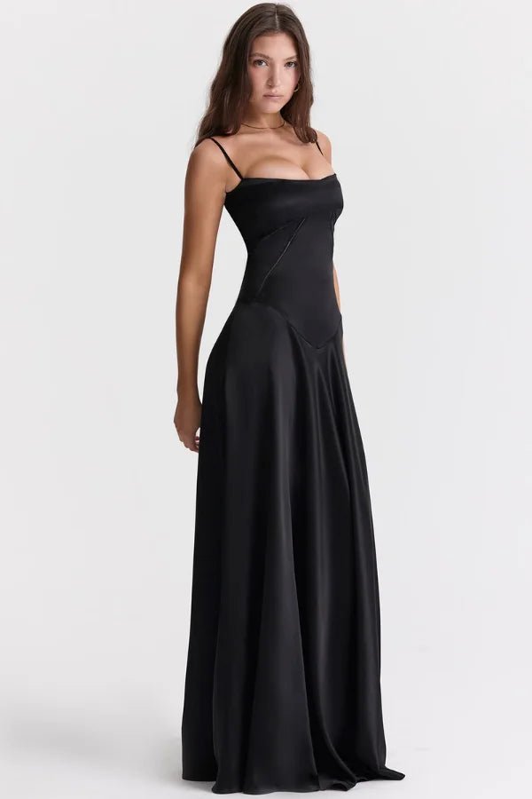 Women's ivory satin corset maxi dress with spaghetti straps