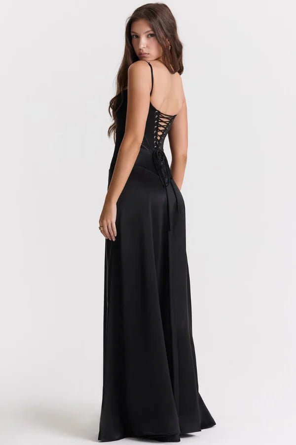 Women's ivory satin corset maxi dress with spaghetti straps