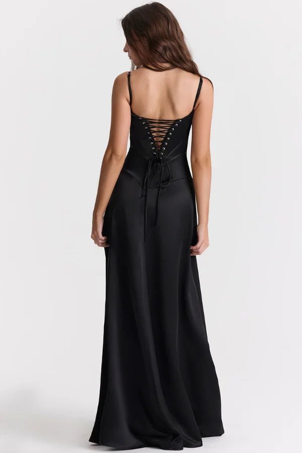 Women's ivory satin corset maxi dress with spaghetti straps
