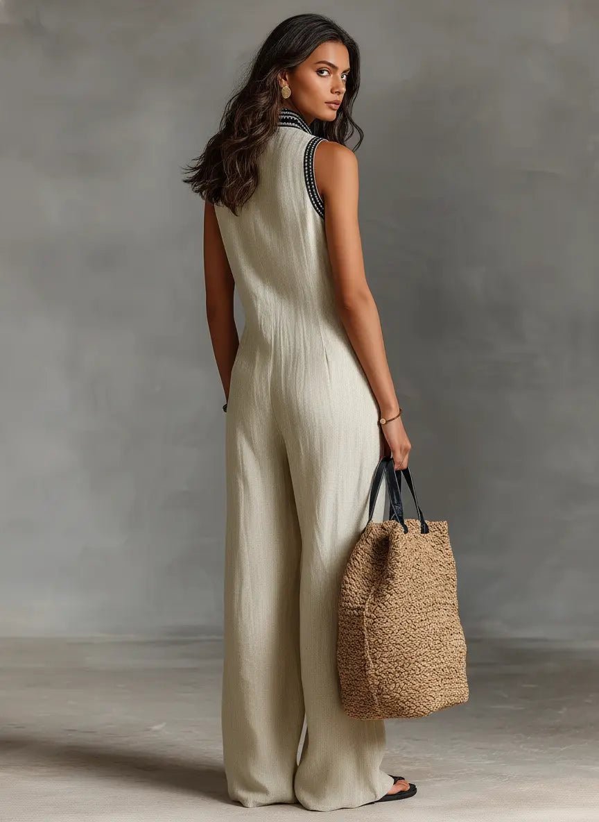 Women's patterned embroidered linen jumpsuit with stand collar