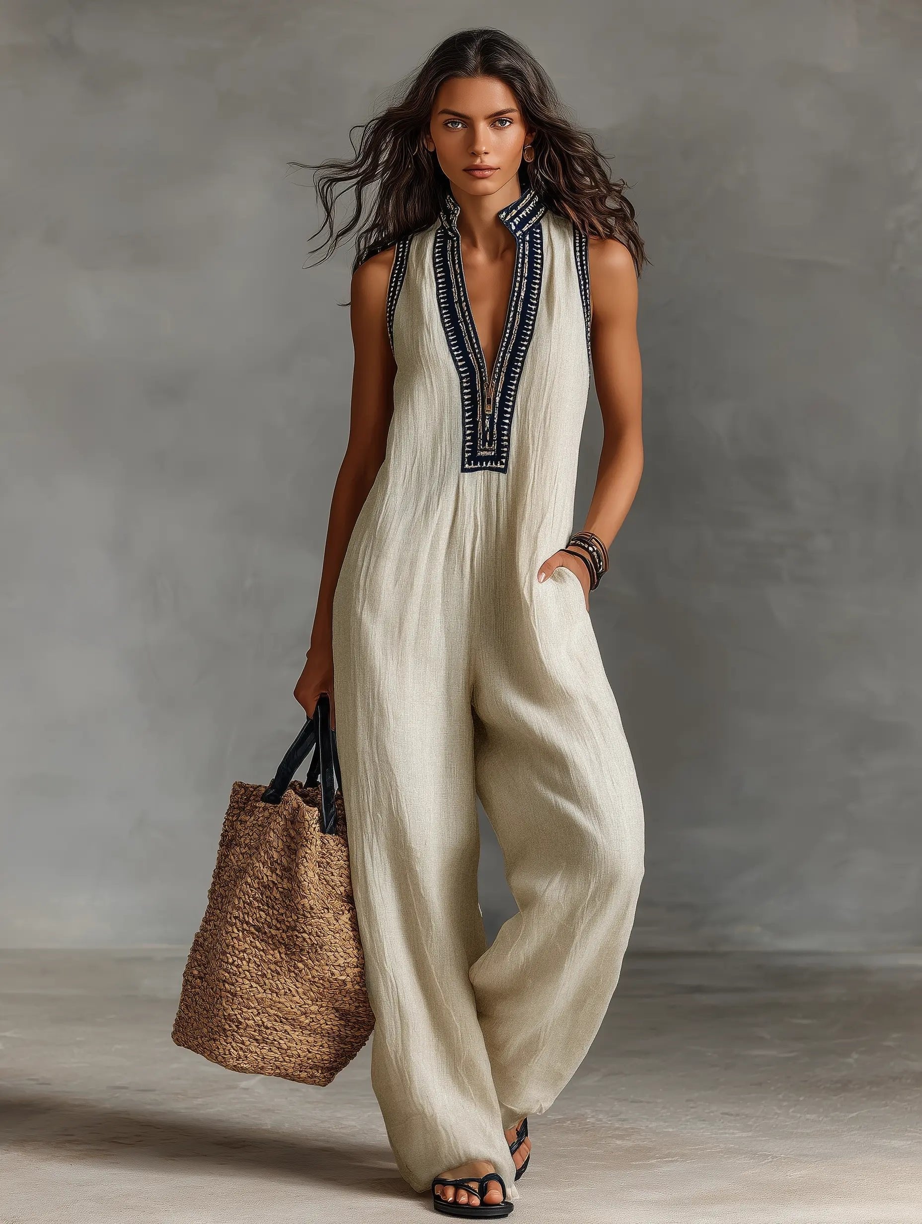 Women's black embroidered linen jumpsuit with stand collar