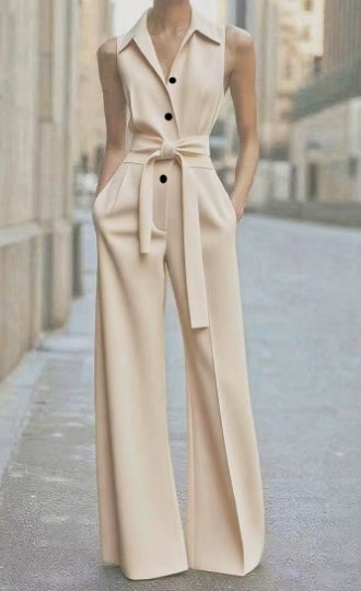 Women's orange sleeveless wide-leg jumpsuit with button front and belt