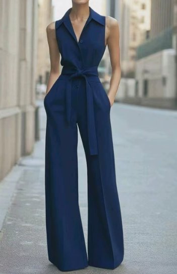 Women's orange sleeveless wide-leg jumpsuit with button front and belt