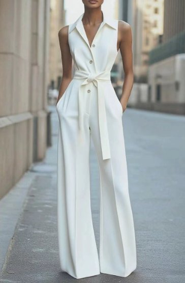 Women's orange sleeveless wide-leg jumpsuit with button front and belt