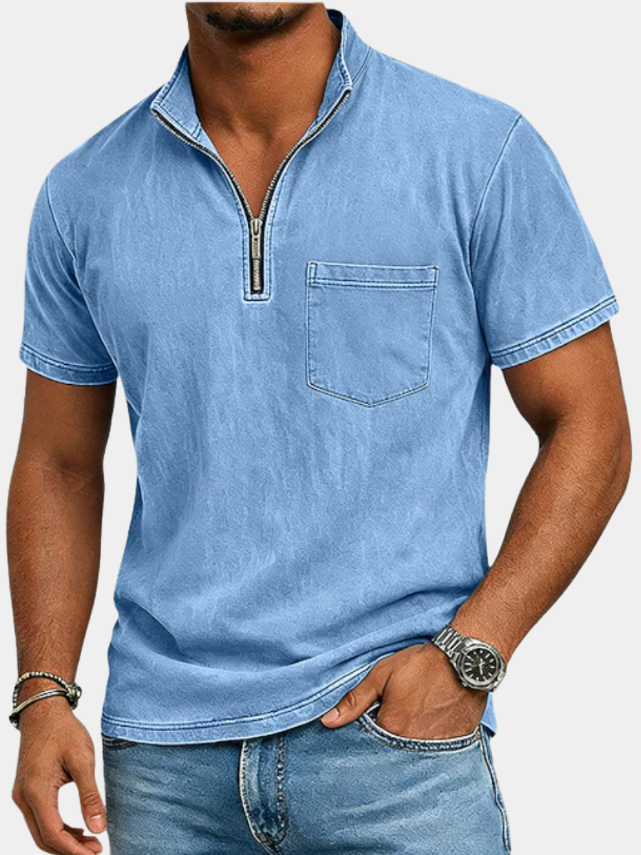 Men's blue half-zip polo shirt