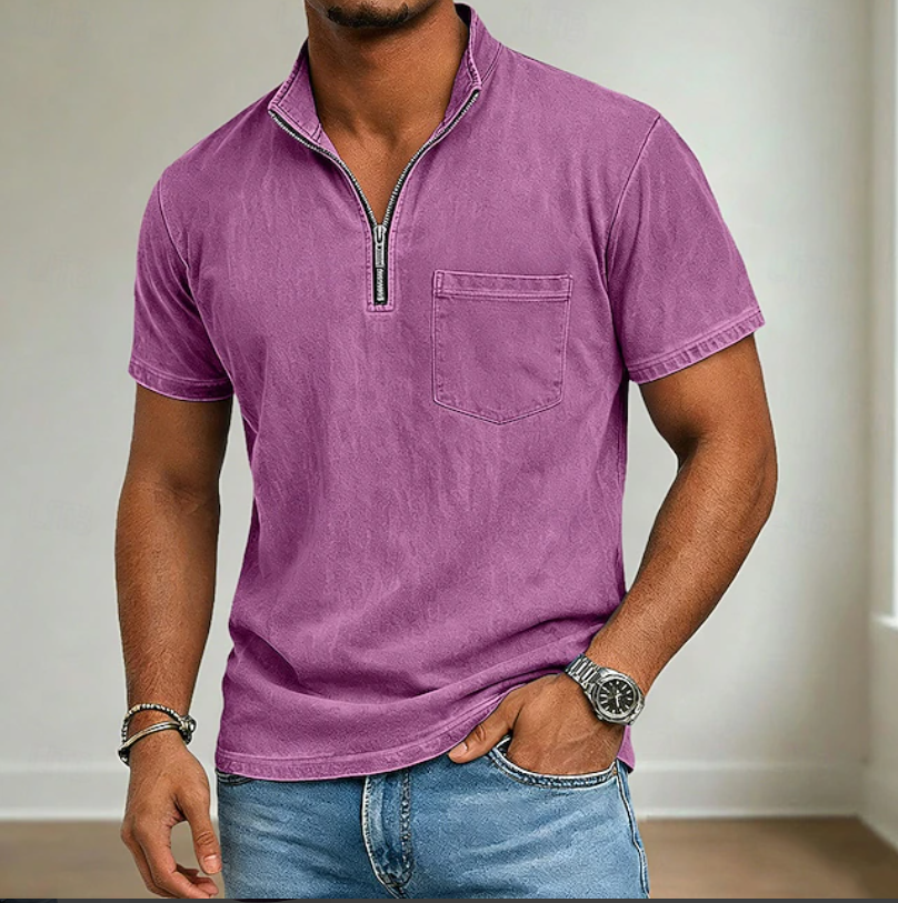 Men's blue half-zip polo shirt