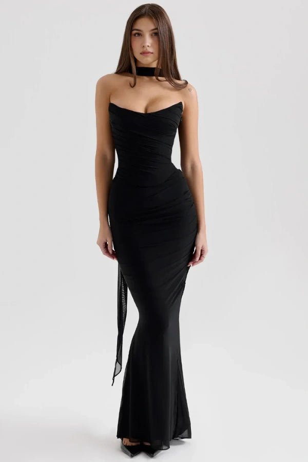 Women's light blue strapless corset dress with a structured bodice