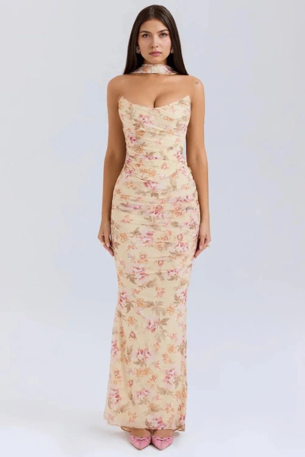 Women's red strapless corset dress with a structured bodice