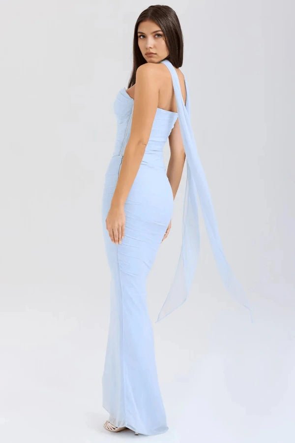 Women's light blue strapless corset dress with a structured bodice