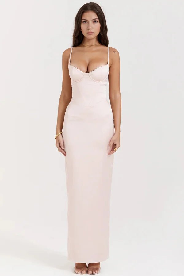 Women's black satin gown with a sweetheart neck and long sleeves