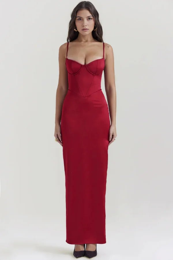 Women's soft peach satin gown with a sweetheart neck and long sleeves