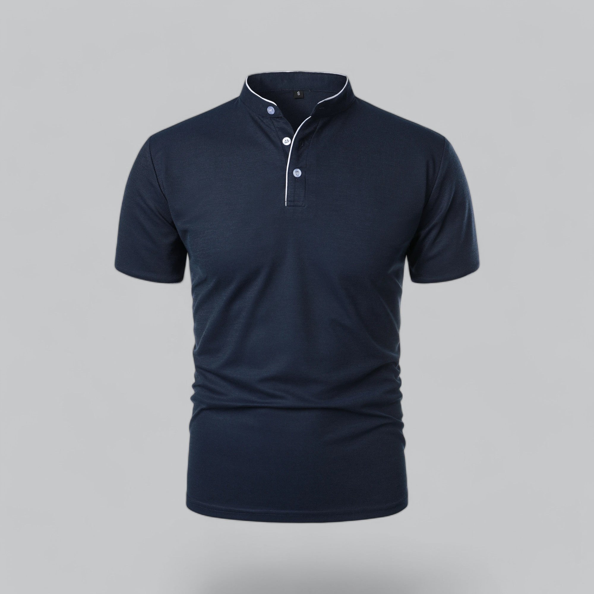 Men's light grey cotton polo shirt with mandarin collar