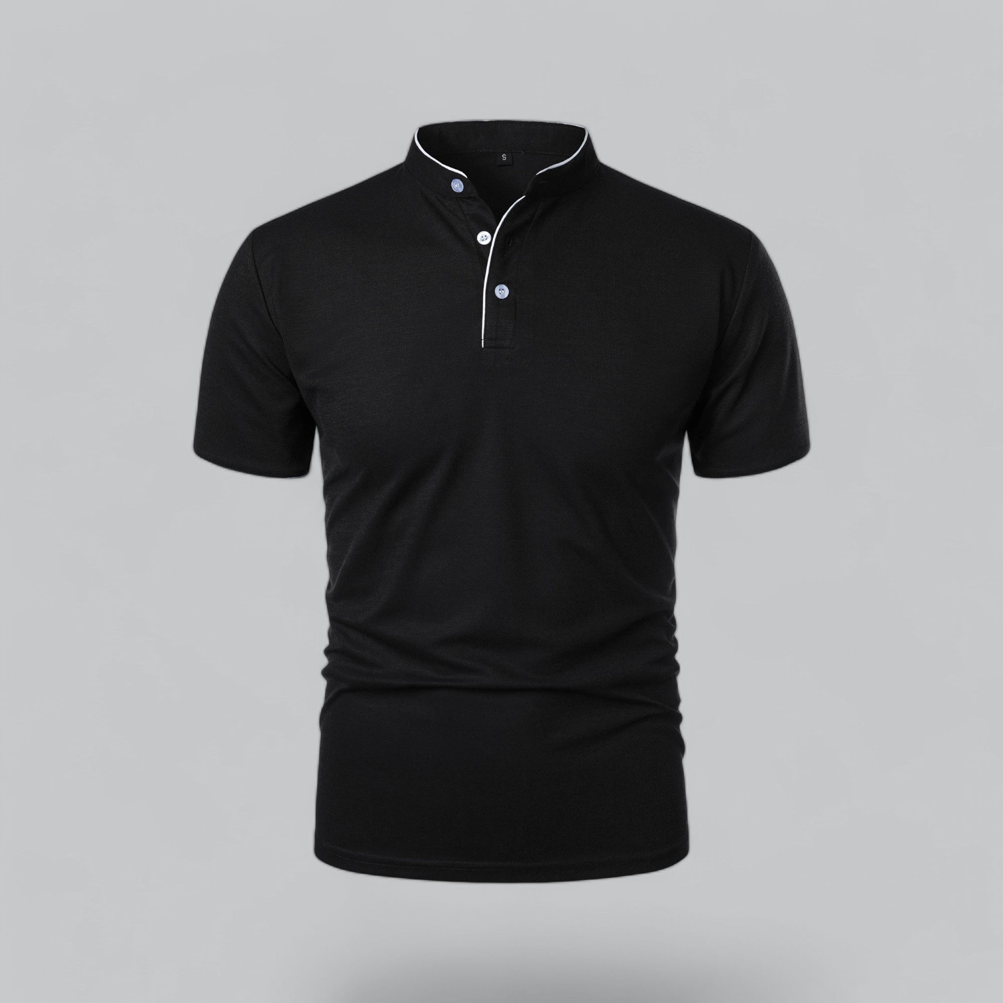 Men's light grey cotton polo shirt with mandarin collar