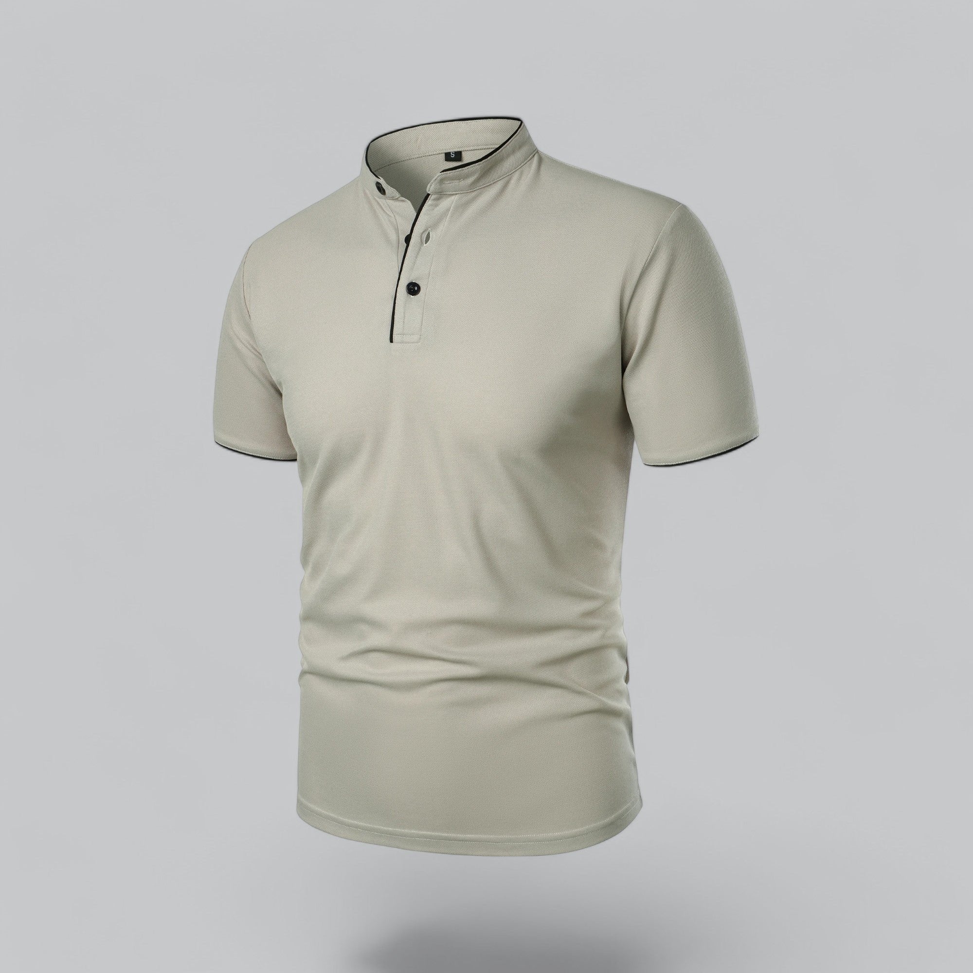 Men's khaki cotton polo shirt with mandarin collar