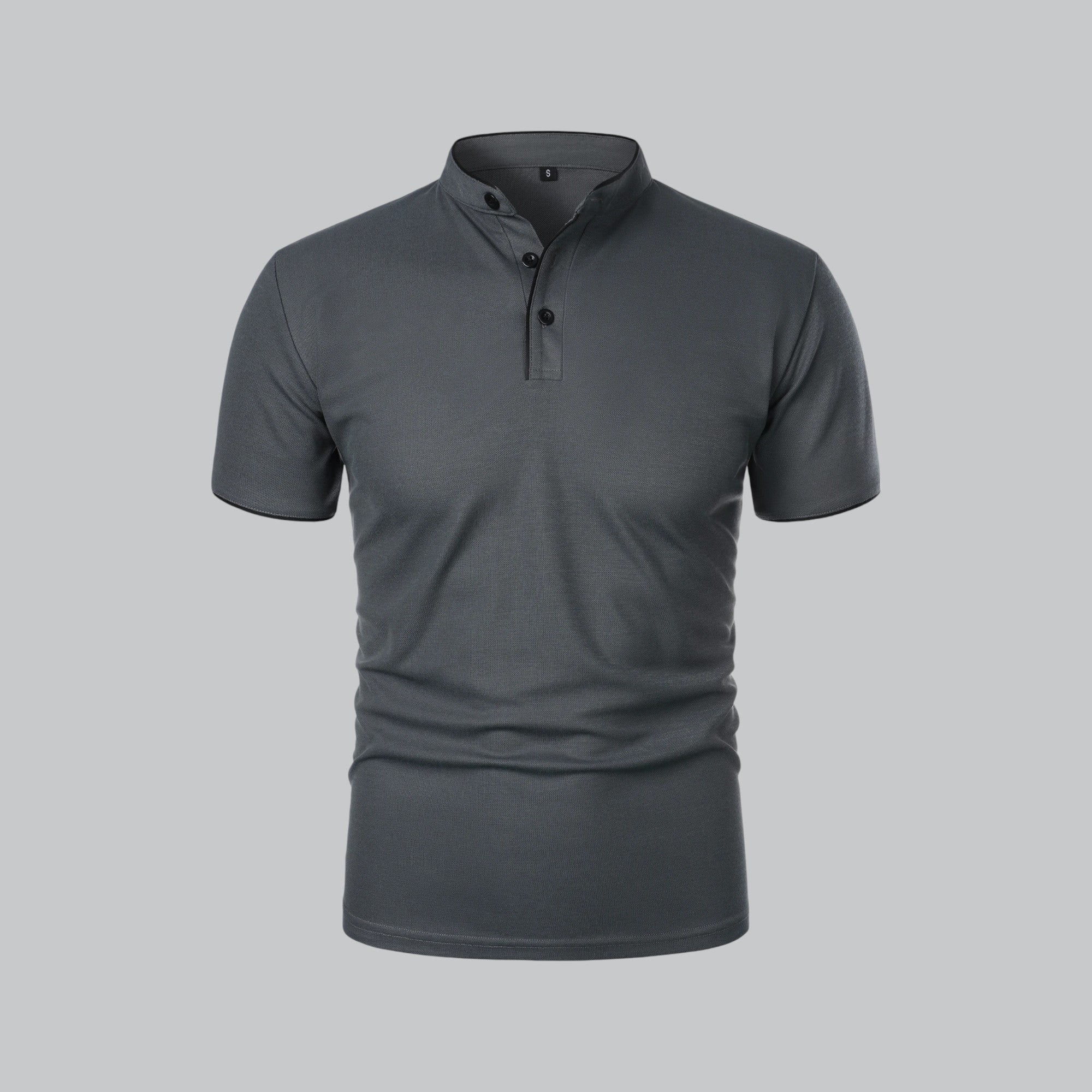 Men's light grey cotton polo shirt with mandarin collar