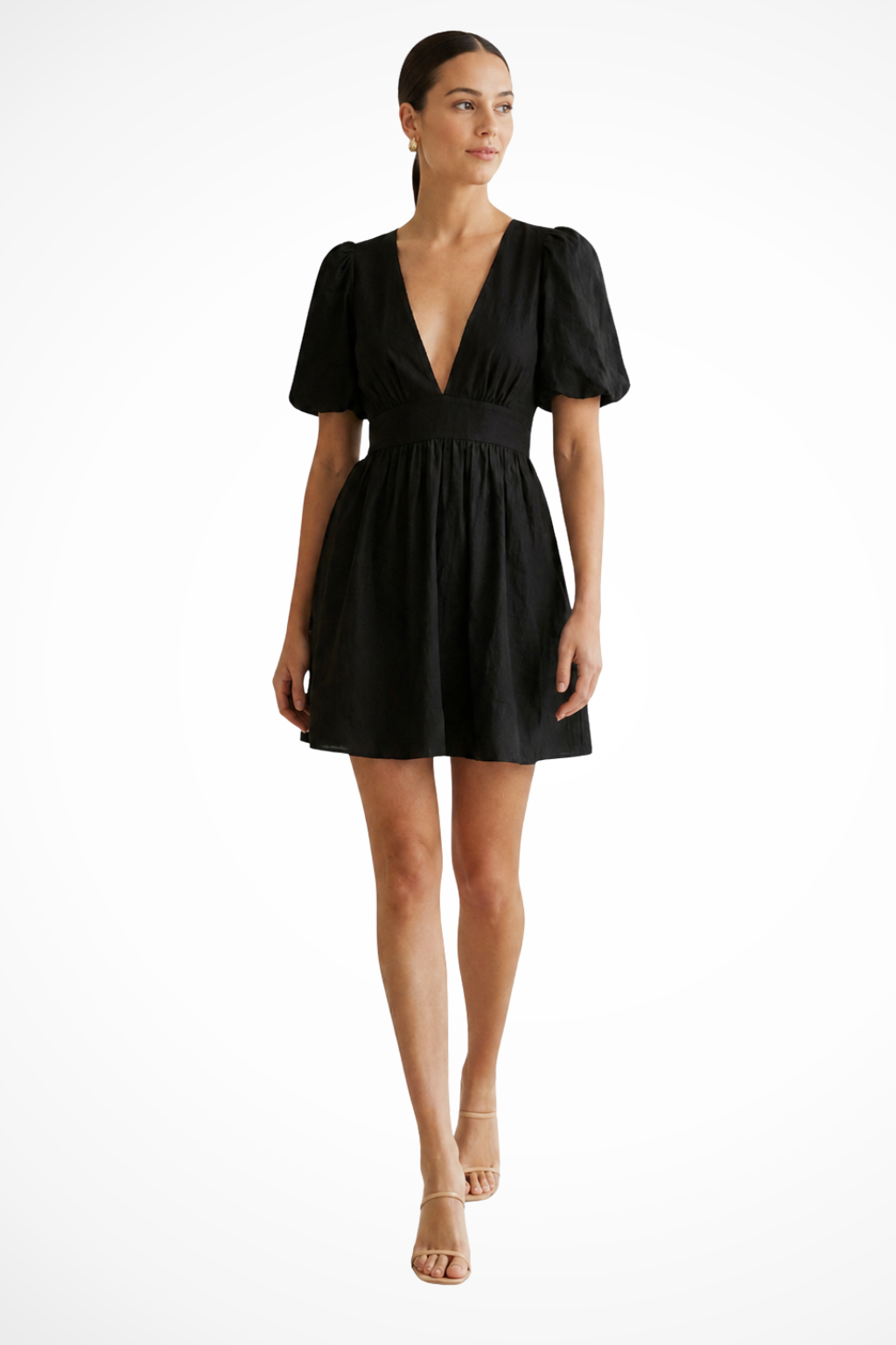 Women's pink puff sleeve linen v-neck mini dress