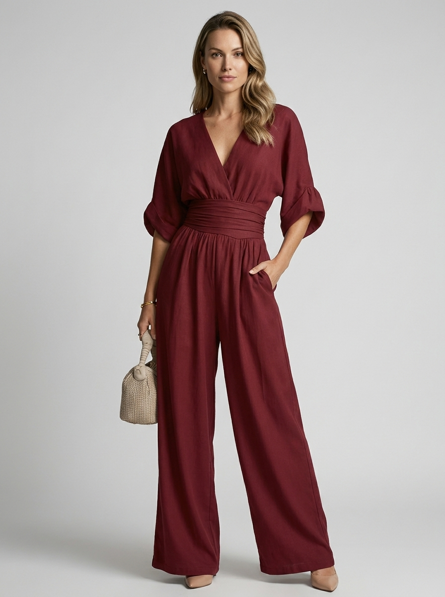 Women's white v-neck wide-leg jumpsuit