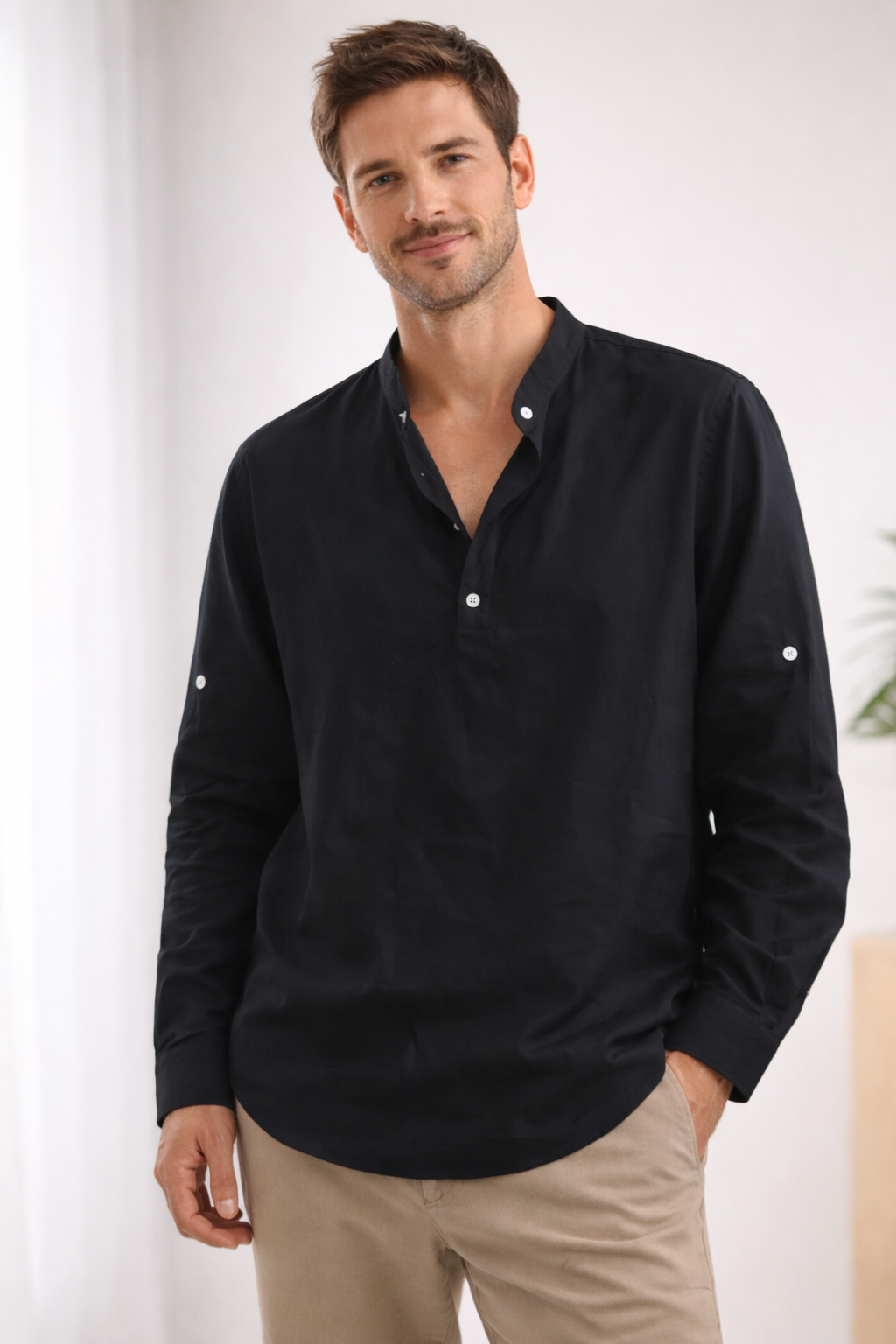 Henley Shirt Long Sleeve Band Collar Loose Fit 3