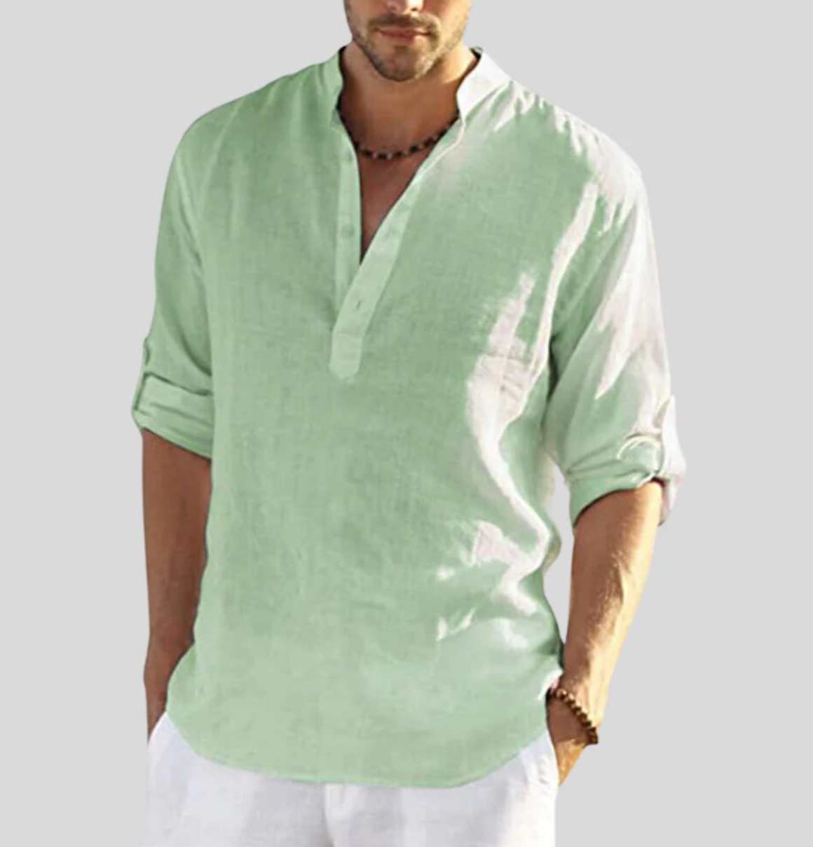 Henley Shirt Long Sleeve Band Collar Loose Fit 8