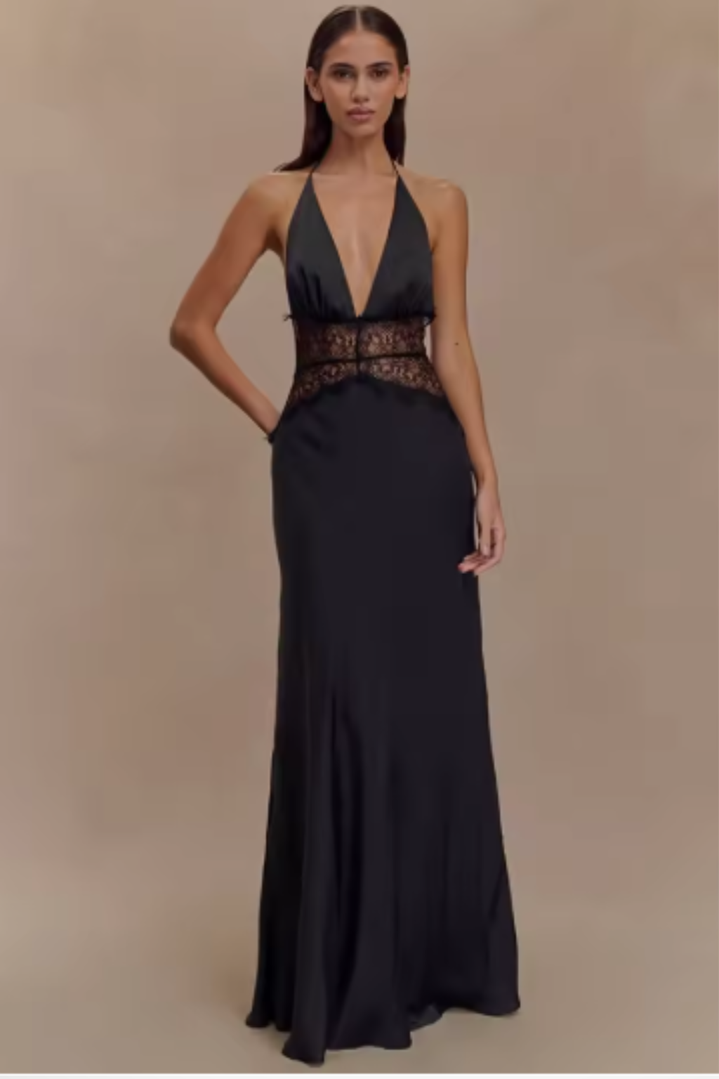 Women's halter neck backless maxi dress with lace waist