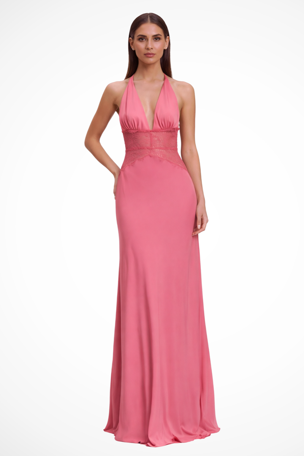 Women's halter neck backless maxi dress with lace waist