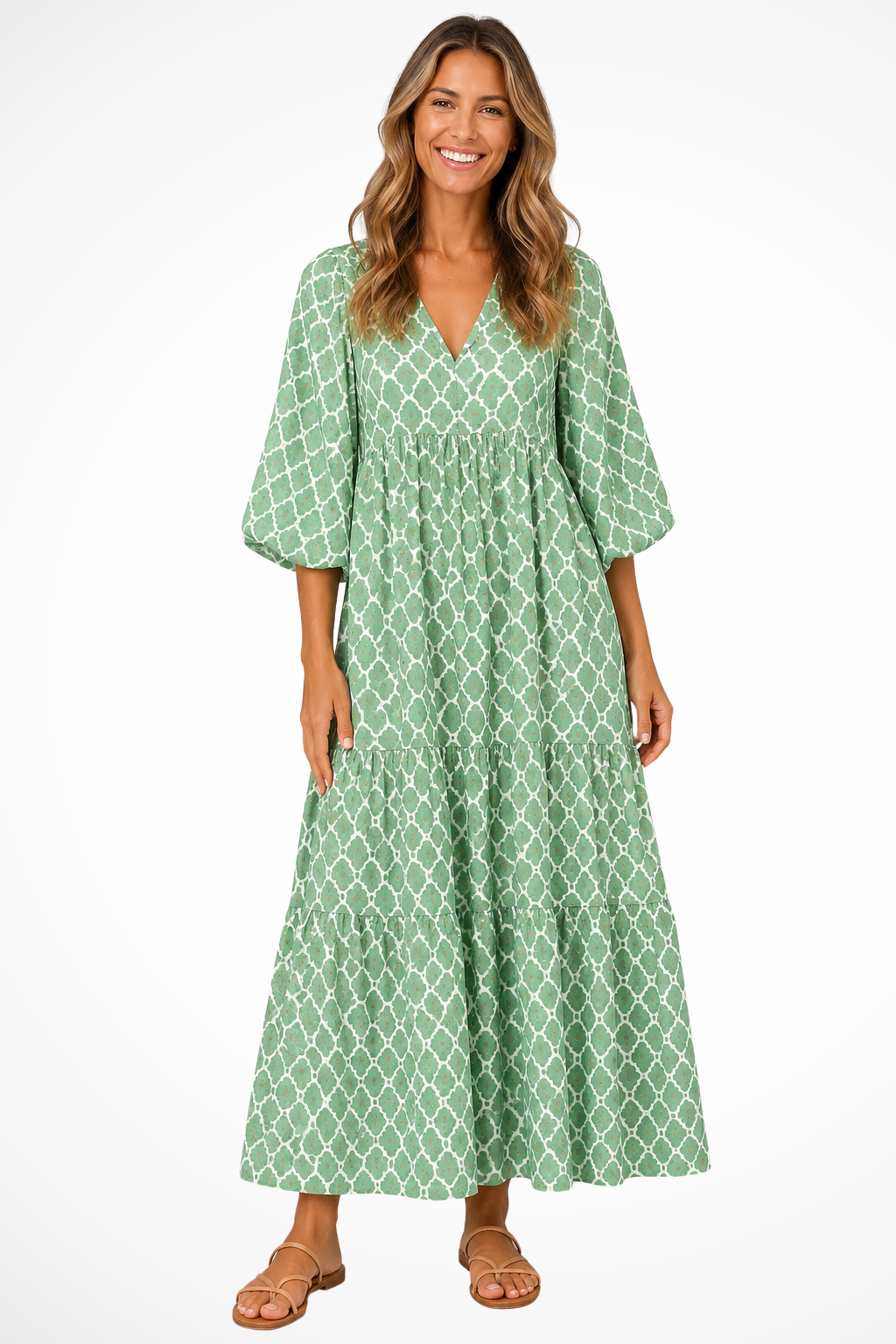 Women's green and white boho tiered v-neck maxi summer dress