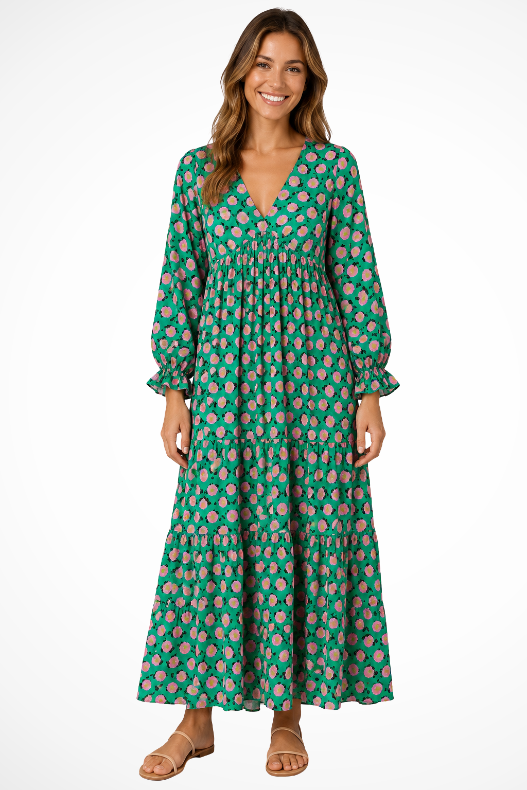 Women's green and pink boho tiered v-neck maxi summer dress