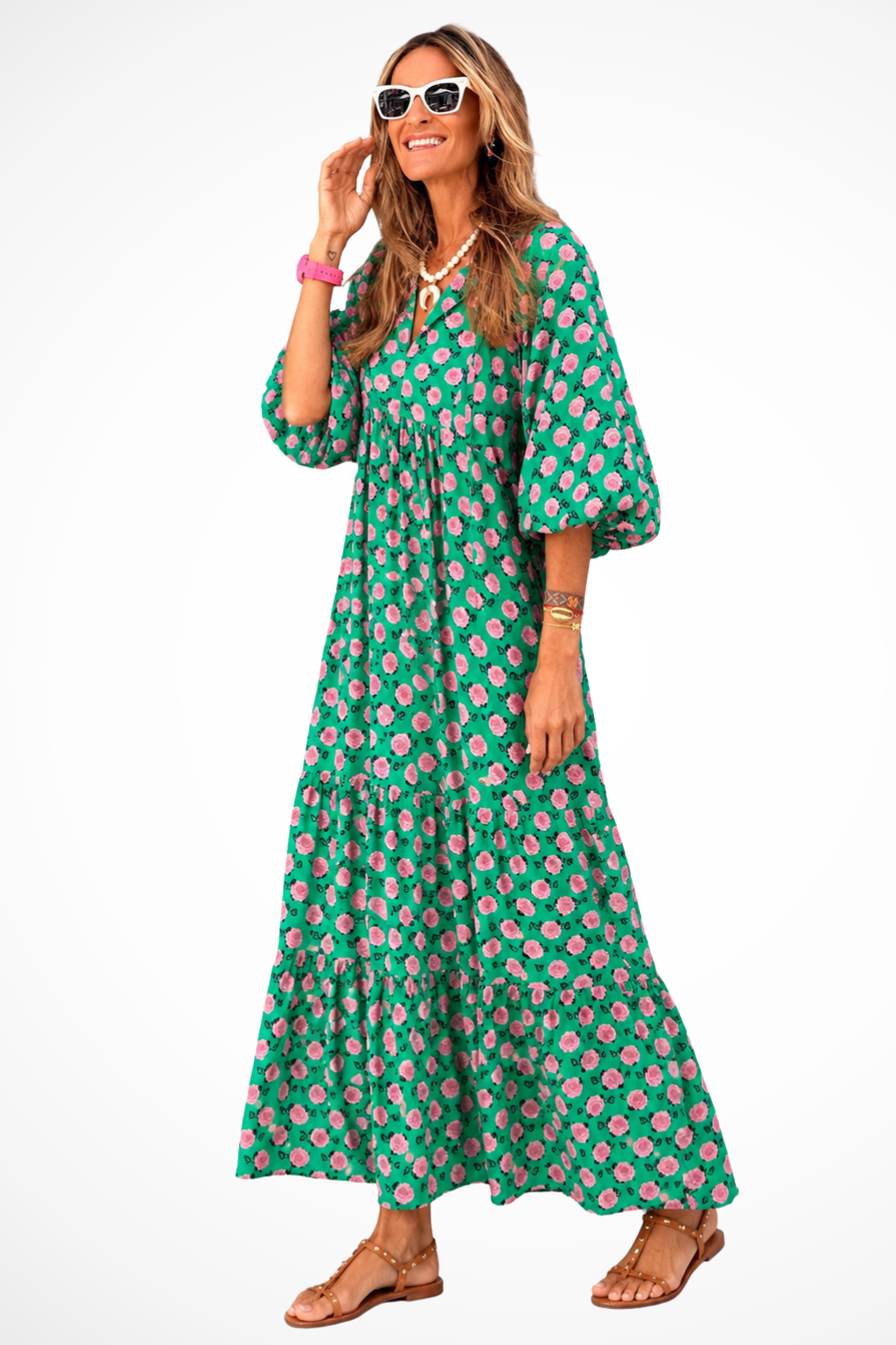 Women's green and white boho tiered v-neck maxi summer dress