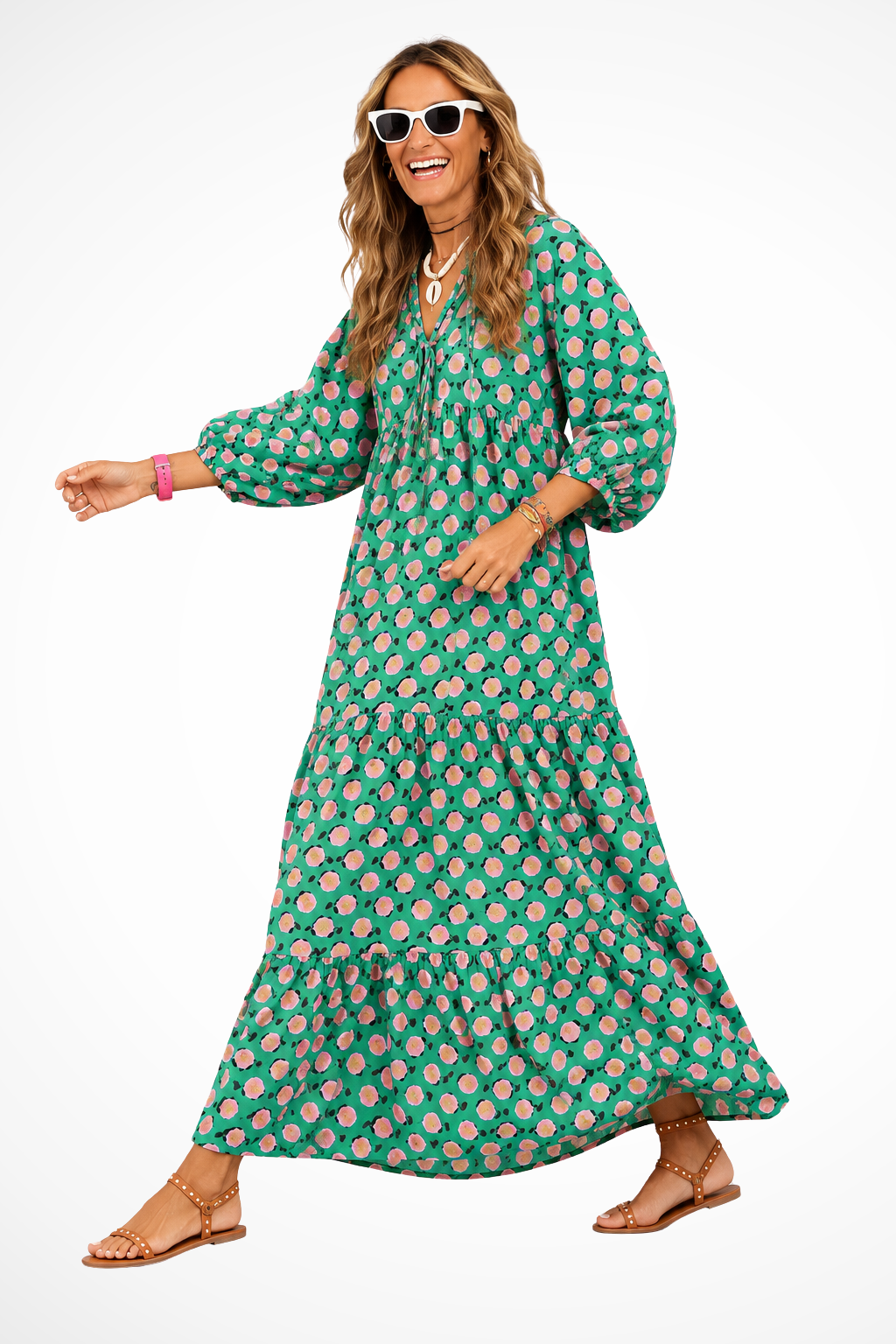 Women's green and pink boho tiered v-neck maxi summer dress