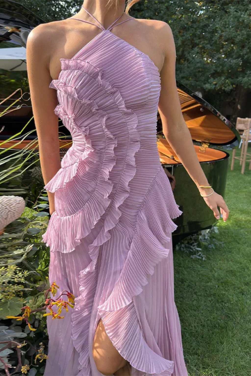 Women's halter neck ruffle maxi dress with open back