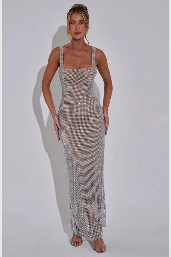 women's crystal gown with a square neck and low back