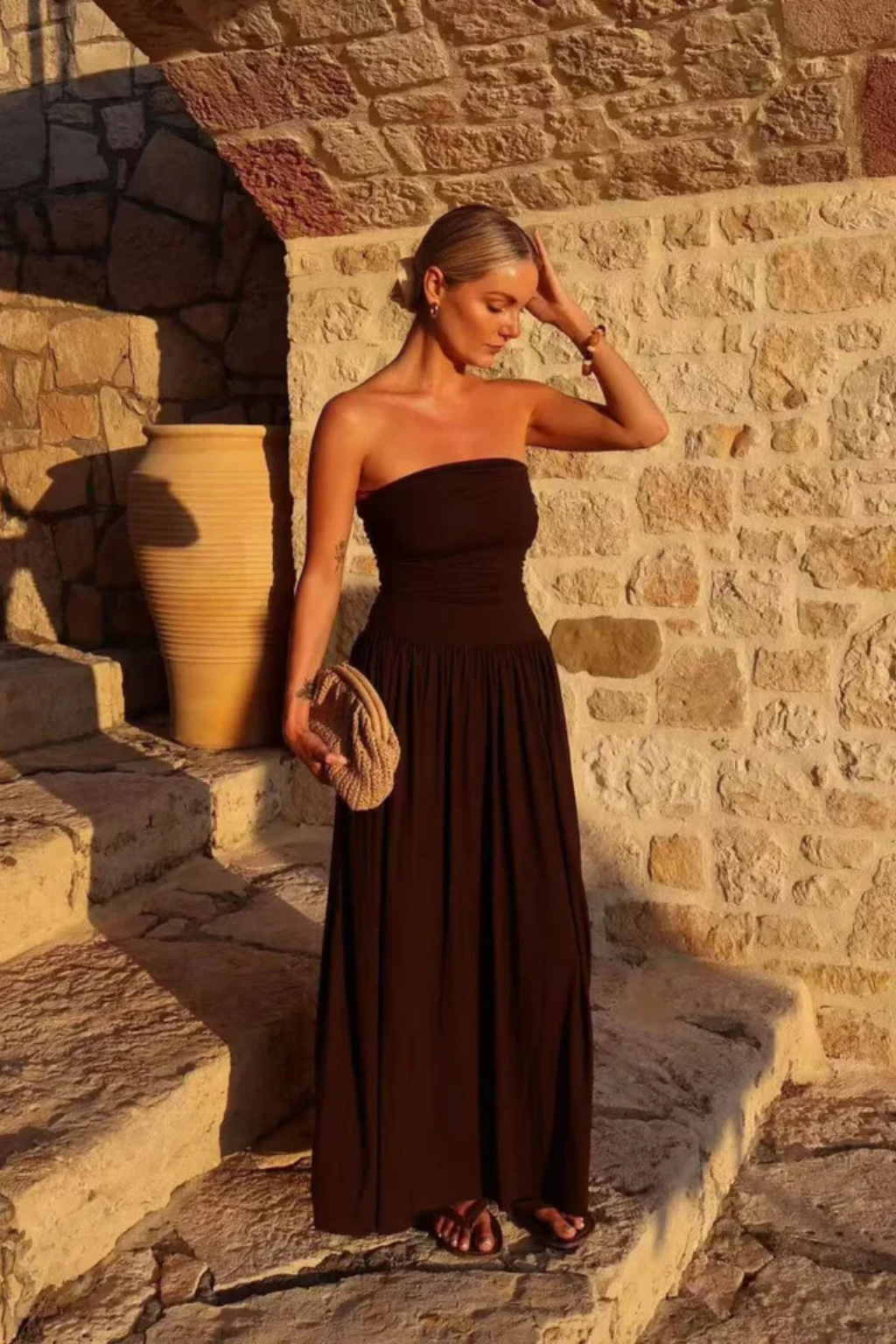 Women's strapless pleated maxi dress for summer occasions