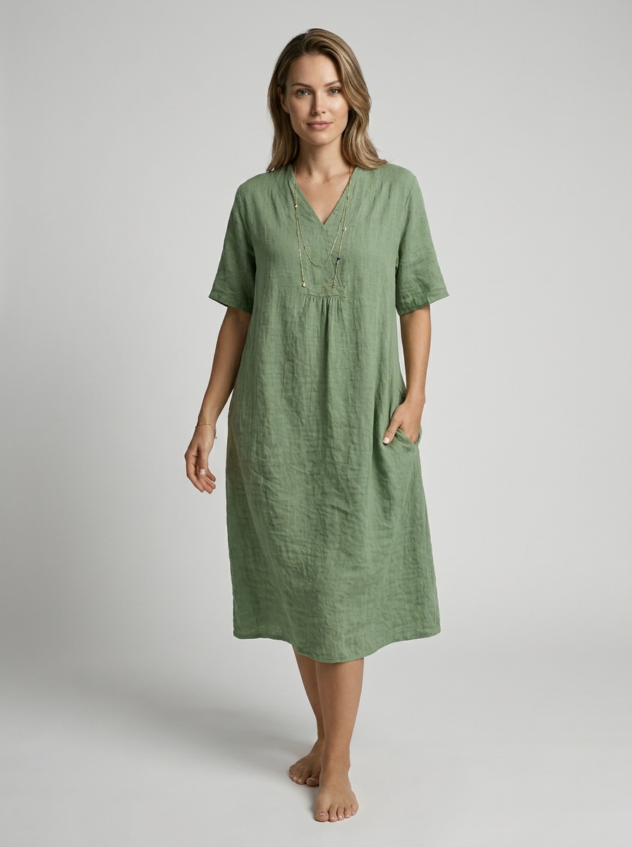 Women's green v-neck linen summer dress with pockets