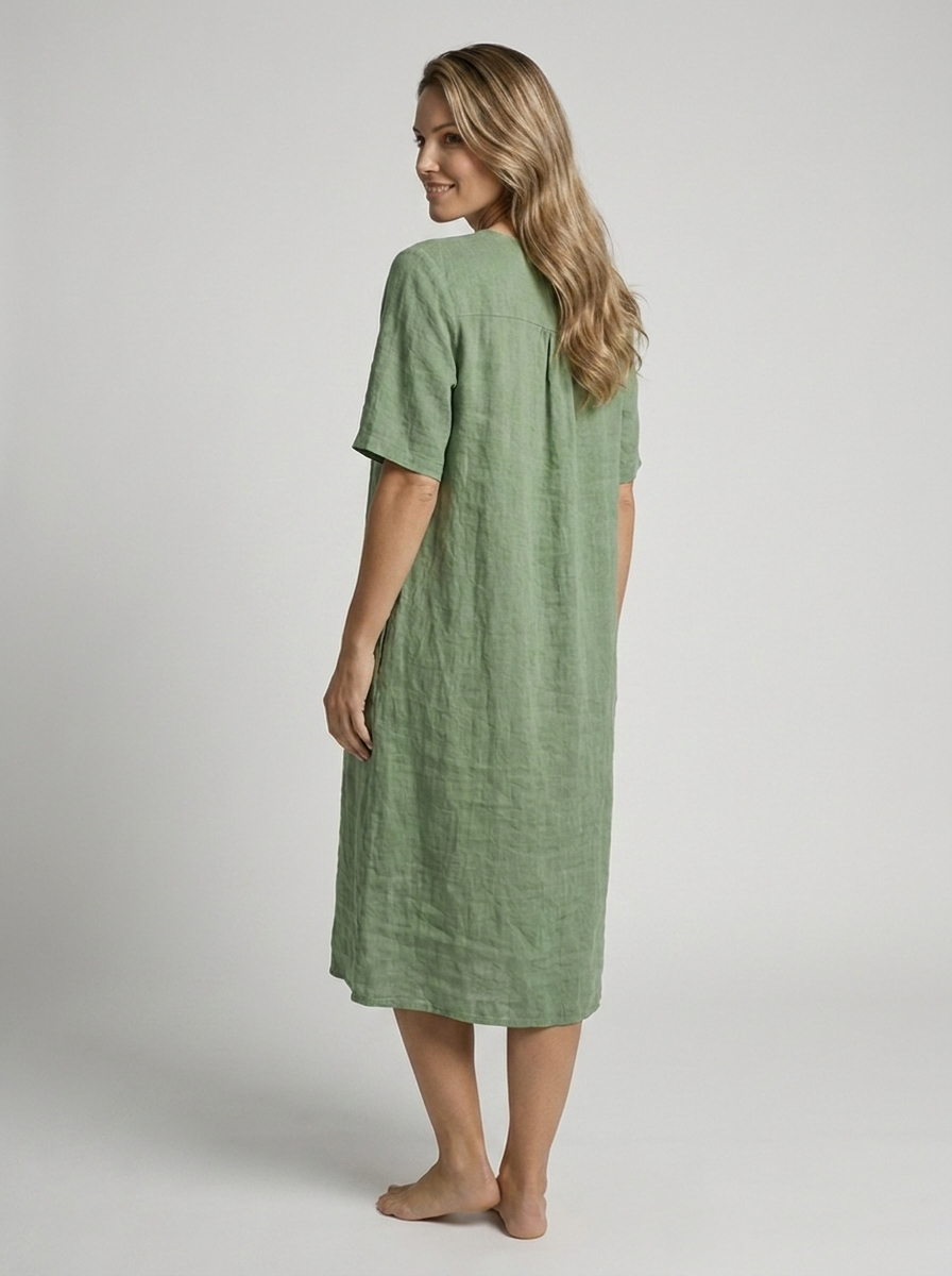 Women's green v-neck linen summer dress with pockets