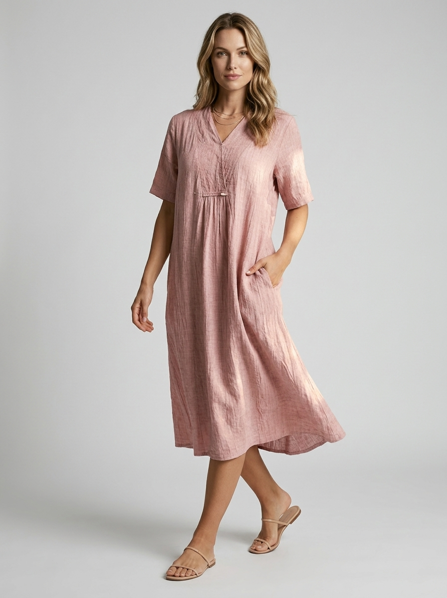 Women's green v-neck linen summer dress with pockets