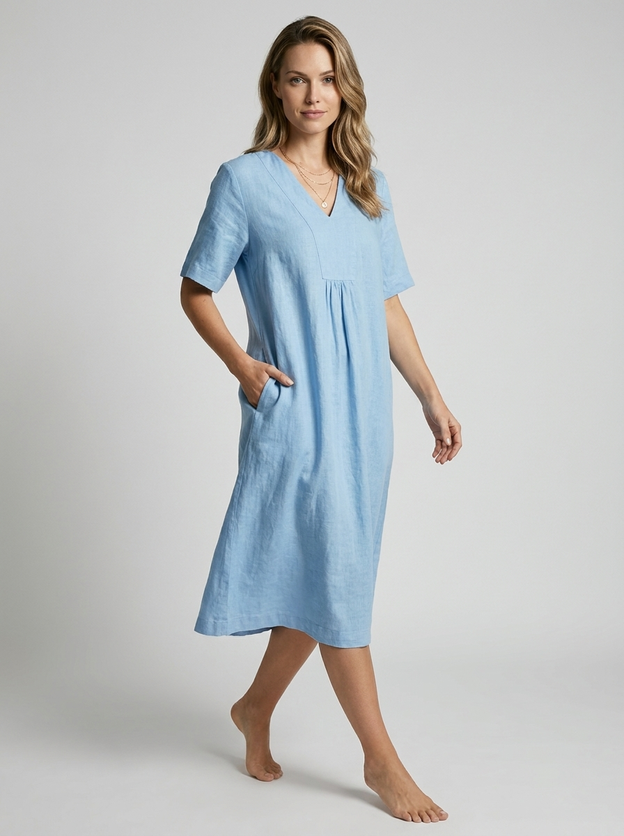 Women's green v-neck linen summer dress with pockets